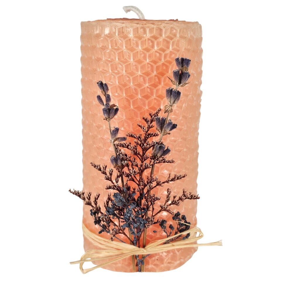 Rolled Beeswax Style Candle Pink 4x2" Dried Lavender Floral Decor Unscented